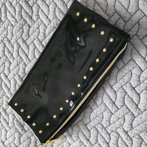 Estee Lauder Evening Black faux Patent Leather Gold Studded Zipper Clutch NWOT